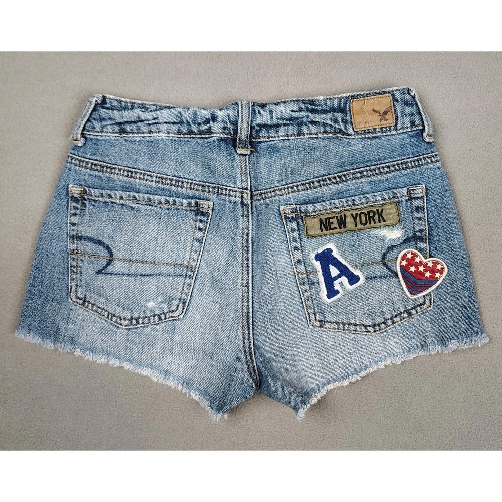 Y2K American Eagle Patchwork Denim Short Shorts Women Size 2 Festival USA Logo‎